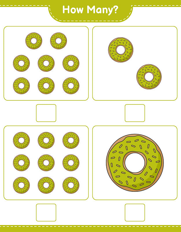 计数游戏，有多少甜甜圈。教育儿童游戏，可打印的工作表，矢量插图