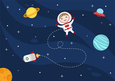宇航员与火箭插图探索外太空和运动看到恒星，月亮，行星或小行星