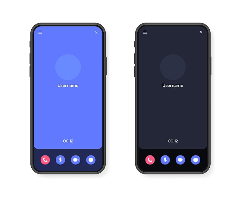 手机视频通话屏幕界面，用于视频聊天，社交媒体和交流。智能手机模型模板。矢量图