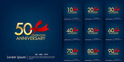 10 -90周年庆典会徽一套。周年纪念优雅金色与红色丝带在蓝色背景，模板设计为网页，海报，传单，贺卡