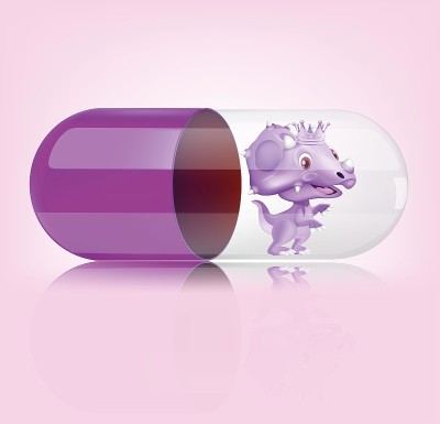 紫色的恐龙被包装在透明的粉红色胶囊里。说明向量