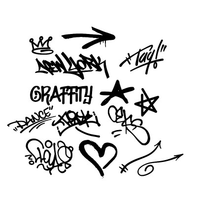 黑色涂鸦元素向量隔离在白色背景。标签、喷雾、graffity