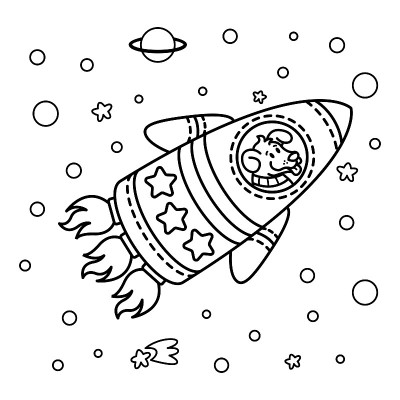 狗在火箭飞船里。恒星星系。太空中可爱的宇航员狗。矢量插图上的空间主题在幼稚的风格。图画书。