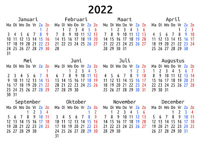 2022年日历，荷兰，周一