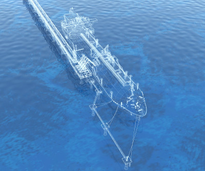 油船泊位和装载臂。3 d渲染。