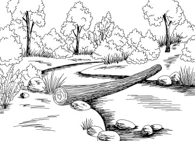 木桥过河图形黑白森林景观素描插图向量