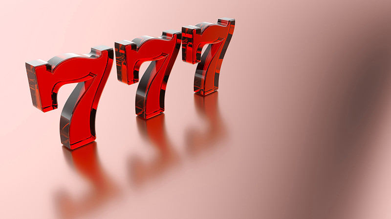 现代玻璃红777老虎机符号玫瑰金- 3D插图