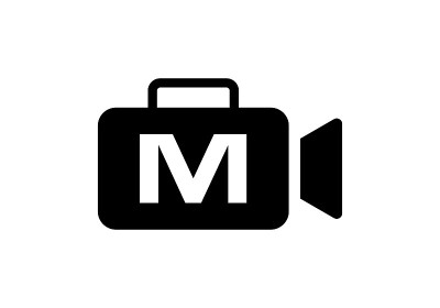 字母M设计模板上的电影、电影和录像标志。首字母M与电影摄影机的标志设计