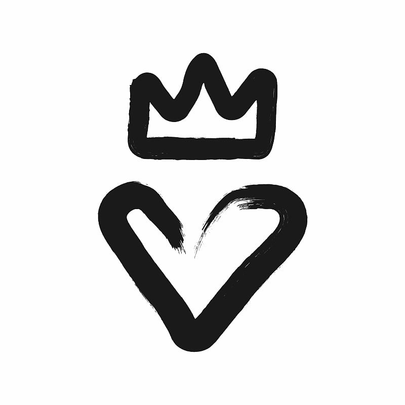 Heart and crown drawn by hand with a rough brush. 