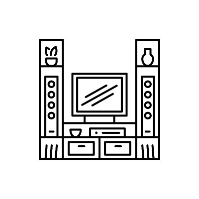 带音频塔的电视支架。娱乐中心。矢量插图。现代媒体控制台。led线图标，平板电视表。客厅家具。孤立的对