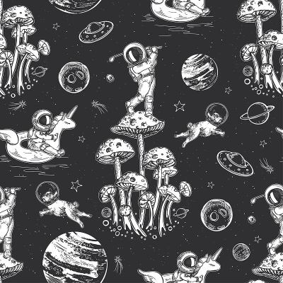 蘑菇就像行星。空间说明。无缝的超现实主义的模式。