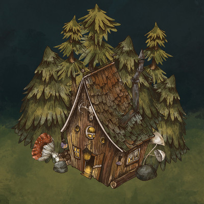 小木屋里的木屋插图。魔法小屋自然贺卡