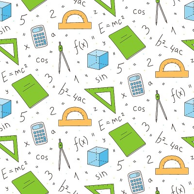数学和物理元素的无缝重复模式。公式和对象。彩色独立插图在卡通风格上的一个白色。
