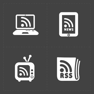 RSS标志图标。黑色背景上的RSS提要符号。