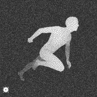 跑步的人。3D模型的人。黑白颗粒图案。点彩的效果。矢量插图。