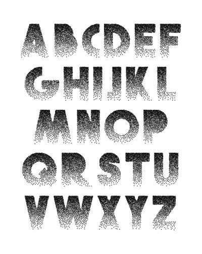 字体的复古点画。字母的复古。黑字雕刻点。
