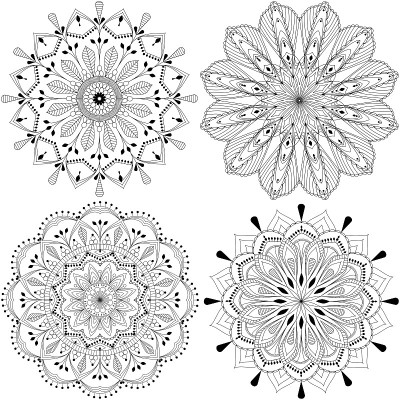 四个曼荼罗黑在白底纹身，曼海蒂，指甲花，瑜伽，冥想矢量插图