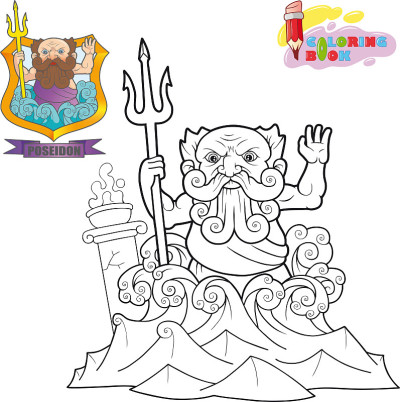 古希腊神波塞冬，着色书，有趣的插图