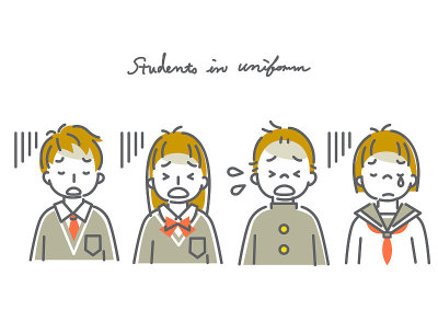 学生们穿着校服，简单的线条艺术插画