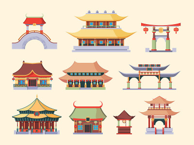 传统的亚洲宫殿和庙宇。古代中国风格的建筑，两层屋顶龙尾拱桥，日本仪式宝塔，朝鲜贵族的房子。民族卡通向