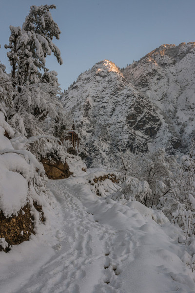 雪中的道路-雄伟的冬季景观在喜马拉雅山