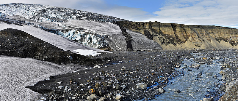 冰岛Vatnajokull国家公园的Kverkfjoll山脉下的冰川边界全景图，河道在右边