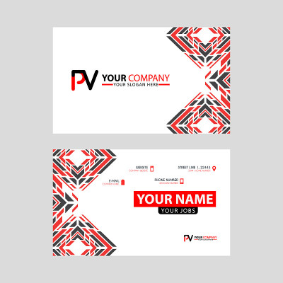 现代名片模板，与PV标志字母和水平设计和红色和黑色的颜色。VP Logo模板插图可以用于，登陆页，网