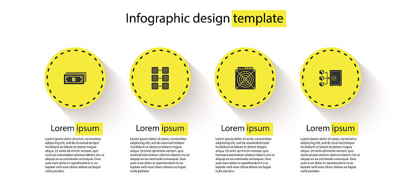 设置加密货币比特币，采矿农场，ASIC矿工和股权证明。业务信息模板。向量