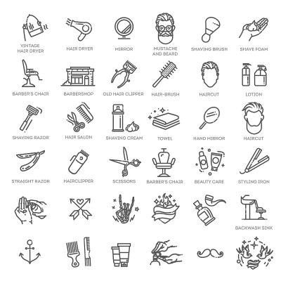 理发店矢量图标设置。矢量图