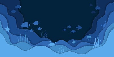 海洋鱼类。海洋鱼类。水下世界的水族馆，海洋和海洋。海底有珊瑚、暗礁和水生动物。海底蓝色背景的旗帜。切