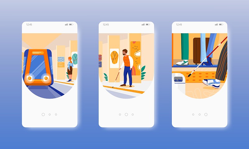 地铁站台为盲人提供安全触觉铺路。移动应用屏幕，矢量网站横幅模板。UI，网站设计。