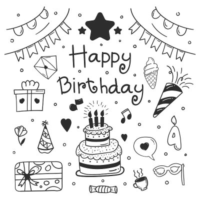 生日涂鸦背景。生日快乐元素设计与涂鸦风格。生日快乐的概念。用于元素设计邀请