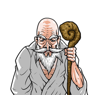 穿着白色和服的老人拿着手杖