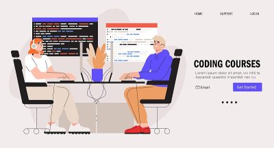 程序员在电脑上进行网页开发。python, javascript, PHP, HTML, CSS脚本
