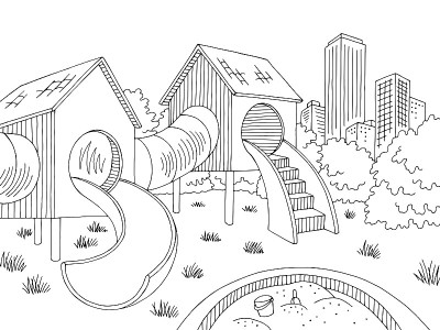 操场图形黑白景观素描插图矢量