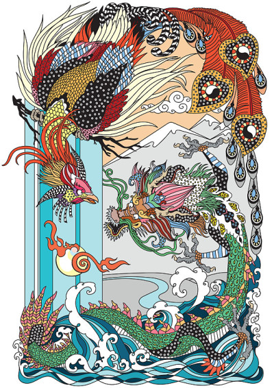 龙凤戏珠。矢量图