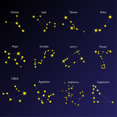 星座图标的集合。星座的象征。恒星背景。占星术的元素。矢量插图。股票的形象。