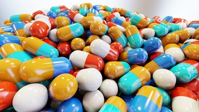 逼真的3d不同颜色的药物，彩色胶囊，止痛药，抗生素，维生素和阿司匹林。药房和药物，药物剂量治疗，3d