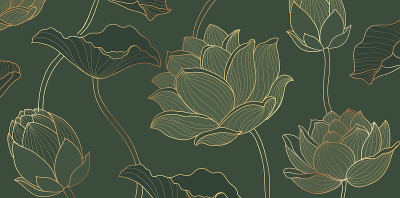 金莲花紫色背景向量。热带花朵图案