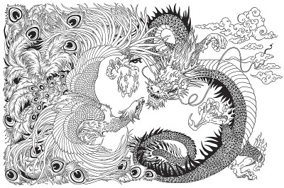 中国龙凤戏一珠黑白