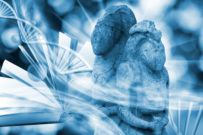分子结构、DNA链和古代石雕的图像
