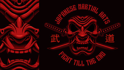 彩色复古插图的日本恶魔面具与交叉武士刀
