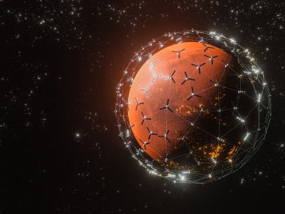 监视和研究太阳系外未知行星的卫星。美丽的抽象插图，行星在太空和闪亮的星星。有活火山的未知行星。库存图