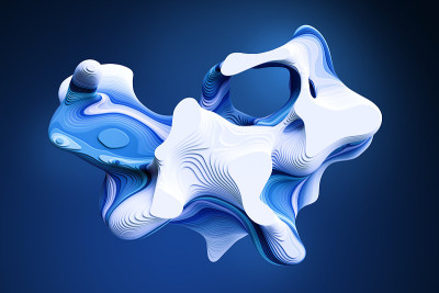 3d渲染，抽象不寻常的蓝色背景与体积曲线形状，现代墙纸