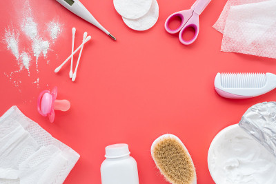 Flat lay composition of baby products and cosmetic