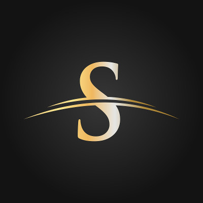 S标志设计豪华模板。公司名称的首字母为S，图案为金色。现代商业和公司标识设计