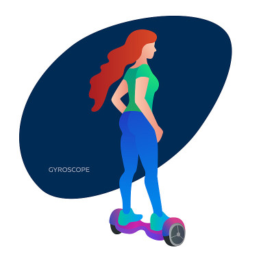 年轻女子骑着旋转滑板车。现代设备hoverboard。电动城市摩托车个人交通工具。矢量平面插图时尚的