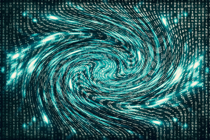 蓝色矩阵数字背景。扭曲的网络空间的概念。人物落入虫洞。入侵矩阵。虚拟现实设计。复杂的算法数据黑客。青