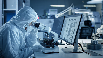 研究工厂洁净室:在计算机上工作的工程师和科学家，用显微镜检查主板微处理器，为医疗电子开发电子
