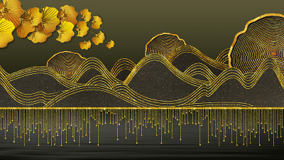 3d抽象插图壁画壁纸。
金色的线条，深棕色的山，金色的中国叶子。